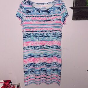 Lilly Pulitzer Pink, Blue and Aqua Striped Floral Midi Dress